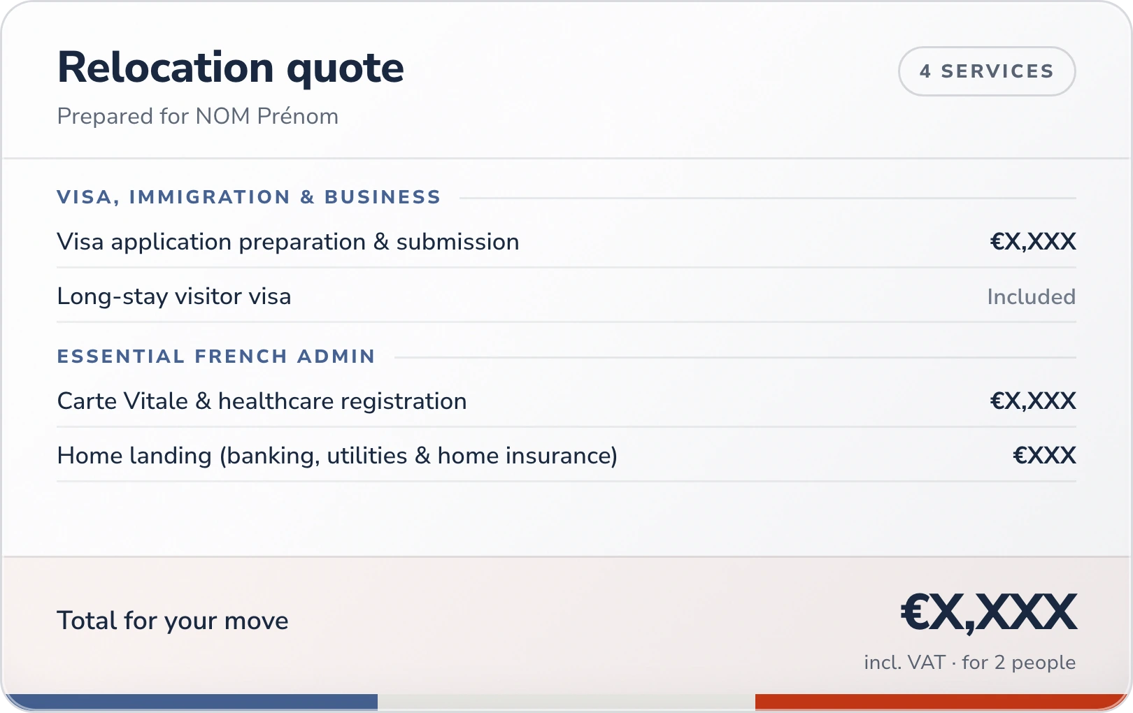A relocation quote from French Connections HCB, priced line by line